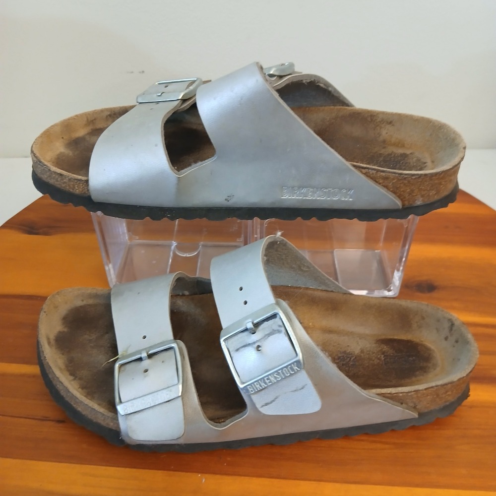 Birkenstock Arizona Women 38 Silver Buckle Strap Sildes Sandals Cork Footbed